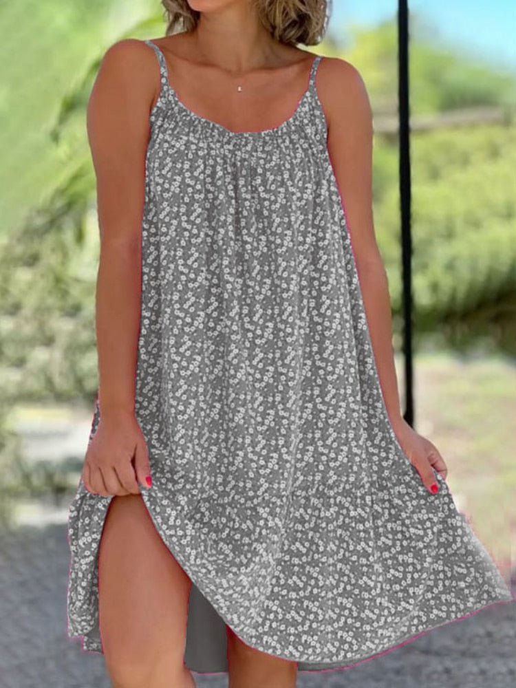 Abito estivo con stampa floreale Donna Casual senza maniche Abito oversize con cinturino per spaghetti 2023 Beach Party Allentato A-Line Midi Sundress