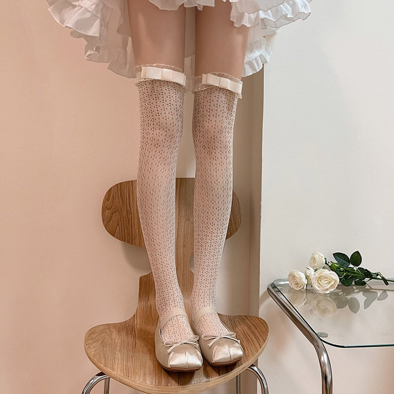 Prodotti Lolita Calze con volant in pizzo Donna JK Calze sopra il ginocchio Bowknot femminile Calze lunghe in rete trasparente Abito coscia Calcetine Medias