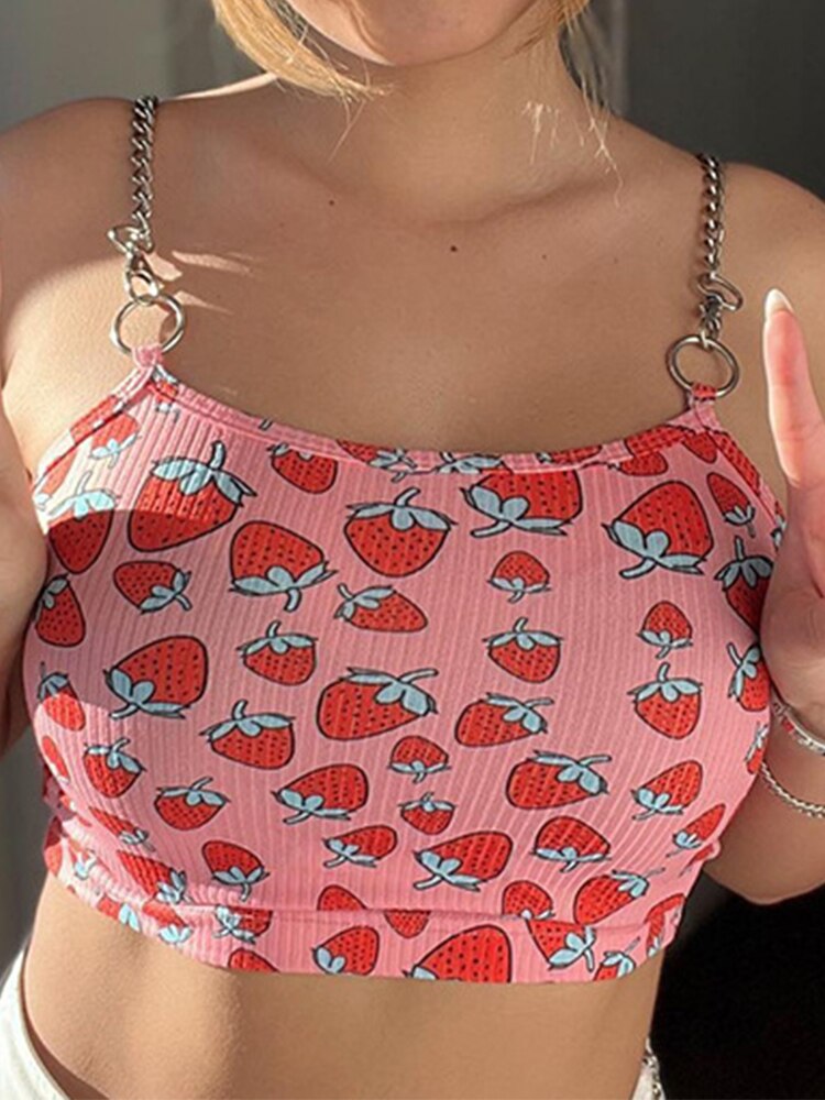 Summer Pink Crop Tops 2022 Casual Short Vest Candy Color Strawberry Print Chain Sling Off Shoulder Sexy Street Crop Top Harajuku