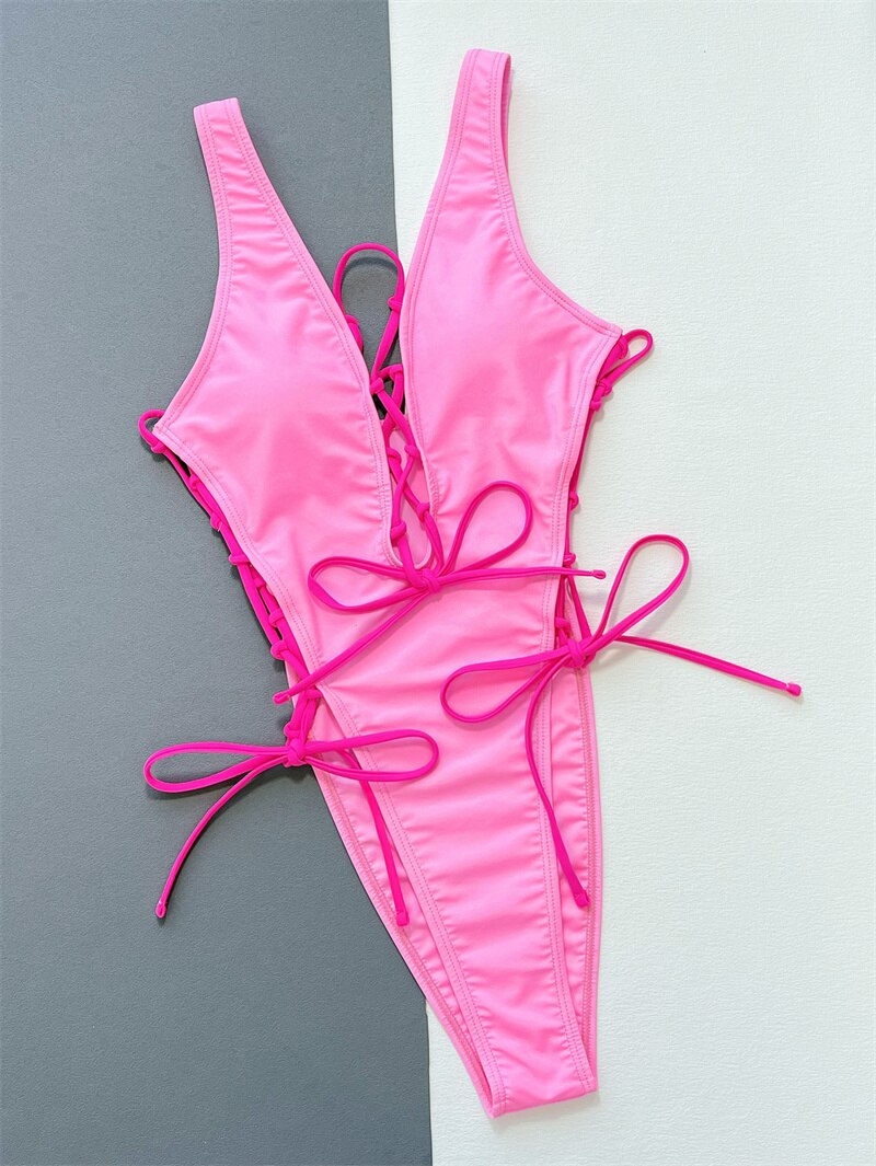 Prodotti Para Praia Costume da bagno intero con scollo all'americana rosa 2023 Costumi da bagno con coulisse per donna Costume da bagno sexy con taglio alto Monokini a vita alta