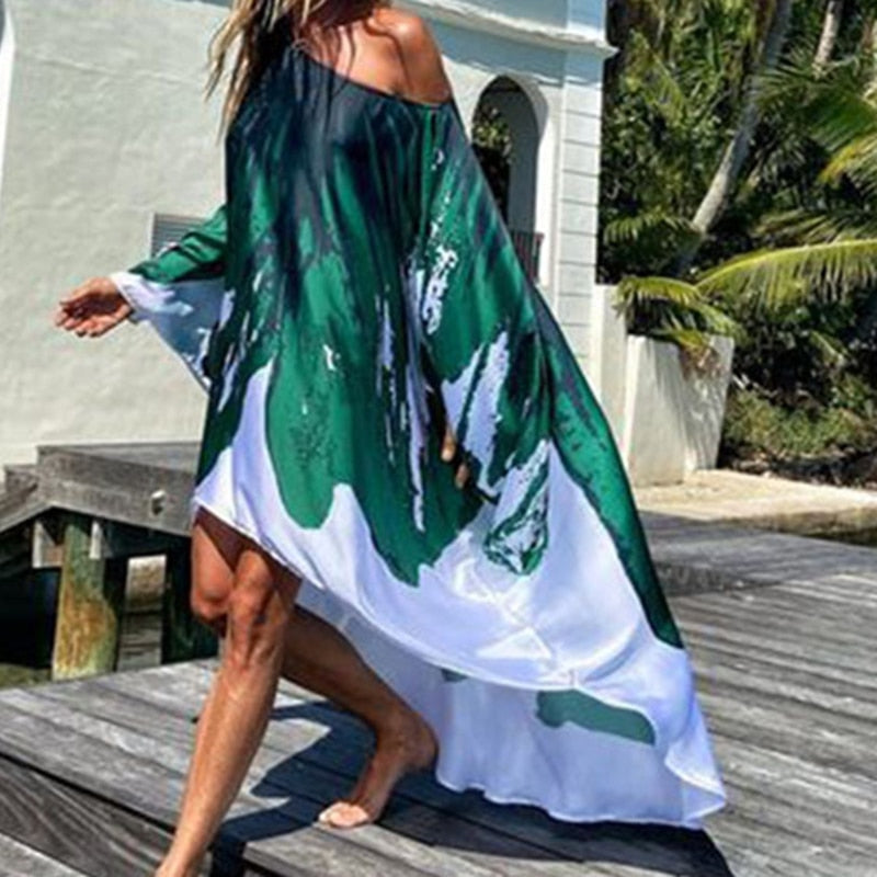 Prodotti Abito da spiaggia con stampa estiva Copricostume da donna con spalle scoperte Moda Parei lunghi Abito boho oversize Costume da bagno allentato Coprispalle Abito