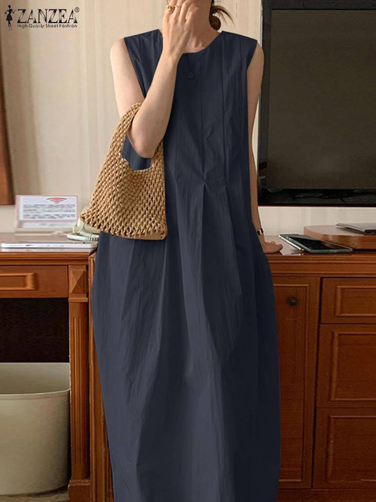 ZANZEA Fashion Holiday Robe Summer Maxi Long Dress Donna O Neck Abiti senza maniche Vintage Pieghettato Vestito estivo Causale Abiti da lavoro