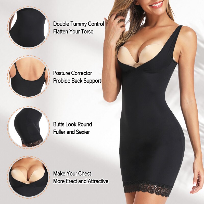 Prodotti Il controllo della pancia scivola Shapewear per le donne sotto i vestiti Completo snellente Body Shaper Body in pizzo senza cuciture Bodycon Dress Underwear