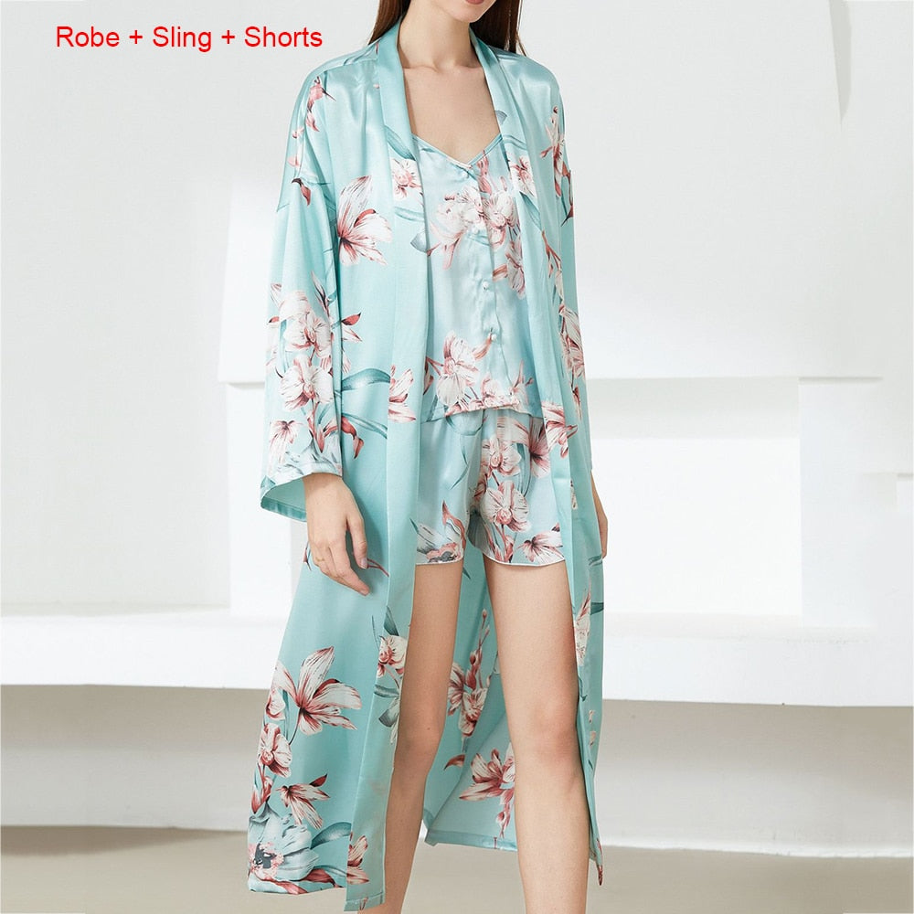 Prodotti Stampa Flower NightyRobe Suit Sleepwear Sexy Kimono in raso Abito da donna Accappatoio Intimo Lingerie Nightwear Camicia da notte di seta