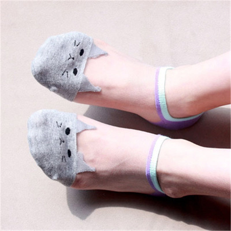 1Pair Cute Print Cat Harajuku Calzini trasparenti Donna Ragazze Summer Fun Animal Low Hipster Lovely Invisible Ankle Sox Female Sox