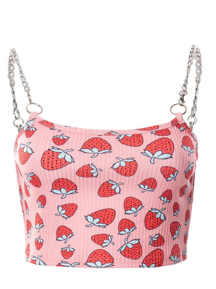 Summer Pink Crop Tops 2022 Casual Short Vest Candy Color Strawberry Print Chain Sling Off Shoulder Sexy Street Crop Top Harajuku