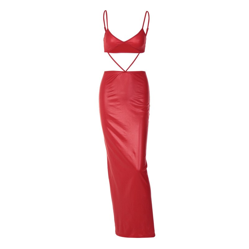 Prodotti Maxi abito in finta pelle PU Abiti sexy senza maniche senza schienale per le donne Abiti eleganti con spacco fasciatura Abiti da festa