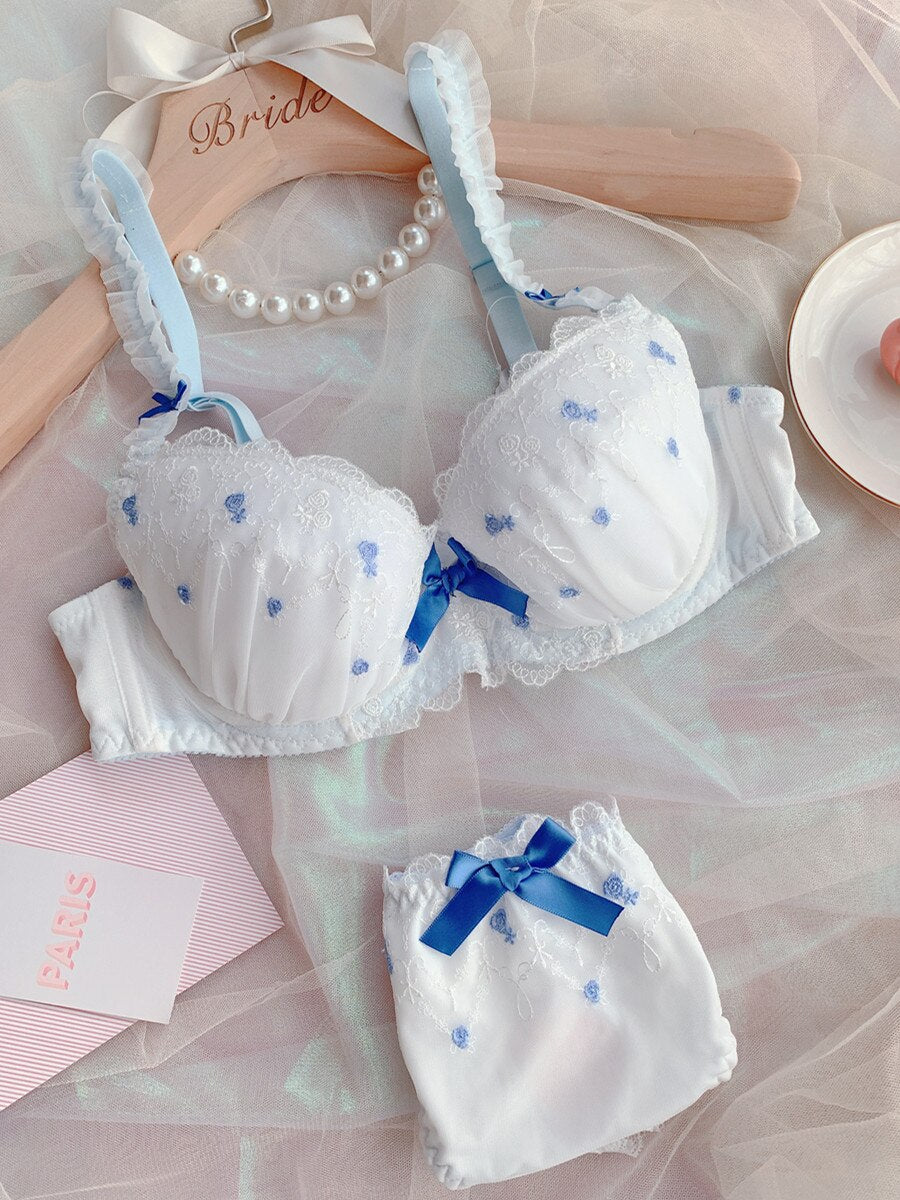 Reggiseno a coppa sottile ricamato per ragazze, comodo, di grandi dimensioni, piccole e fresche da donna con mutandine traspiranti con anello in acciaio