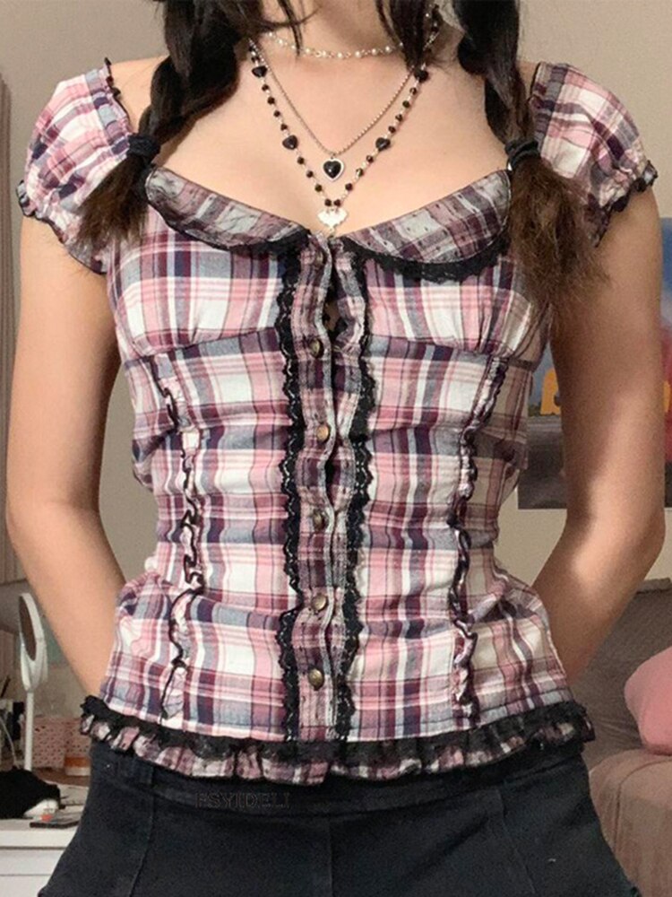 Prodotti IAMHOTTY y2k Plaid Ruffle Button Up Top Pink Back Folds T-shirt con lacci Estetica carina Pullover con scollo a V rovesciato T-shirt Fairycore