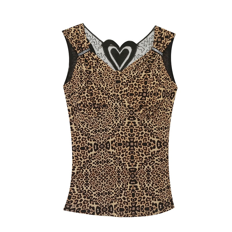 Prodotti Nuova maglia da donna estiva 2022 Moda sexy casual Leopard Sling con scollo a V Hot Drill Mesh Top Back Flower T-shirt in pizzo cavo