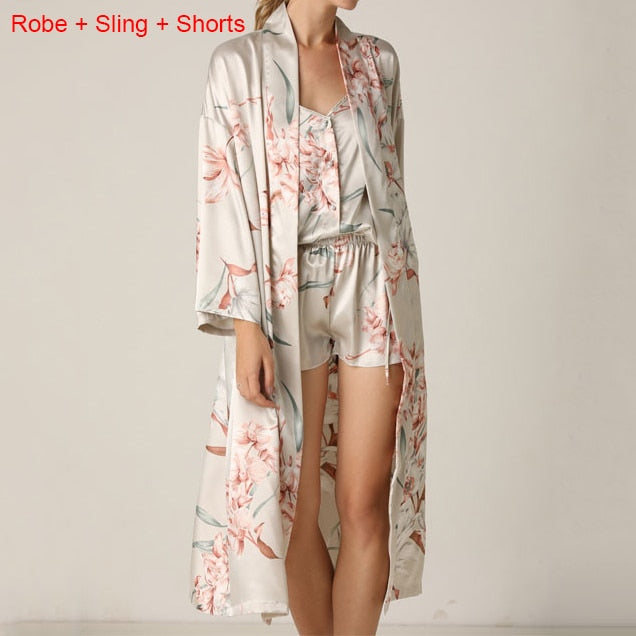 Prodotti Stampa Flower NightyRobe Suit Sleepwear Sexy Kimono in raso Abito da donna Accappatoio Intimo Lingerie Nightwear Camicia da notte di seta