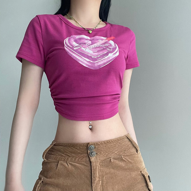 IAMHOTTY Cute Heart Graphic Stampa T-Shirt Donna Y2K Estetica Crop Top Carino Casual Pullover di Base Harajuku Stile Coreano Magliette