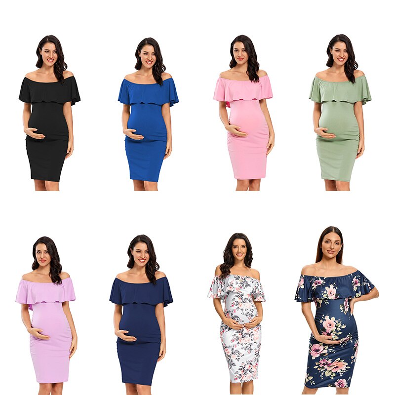 Liu&Qu Abito premaman da donna con spalle scoperte Abito aderente senza maniche con volant Elegante abito aderente con increspature laterali per baby shower