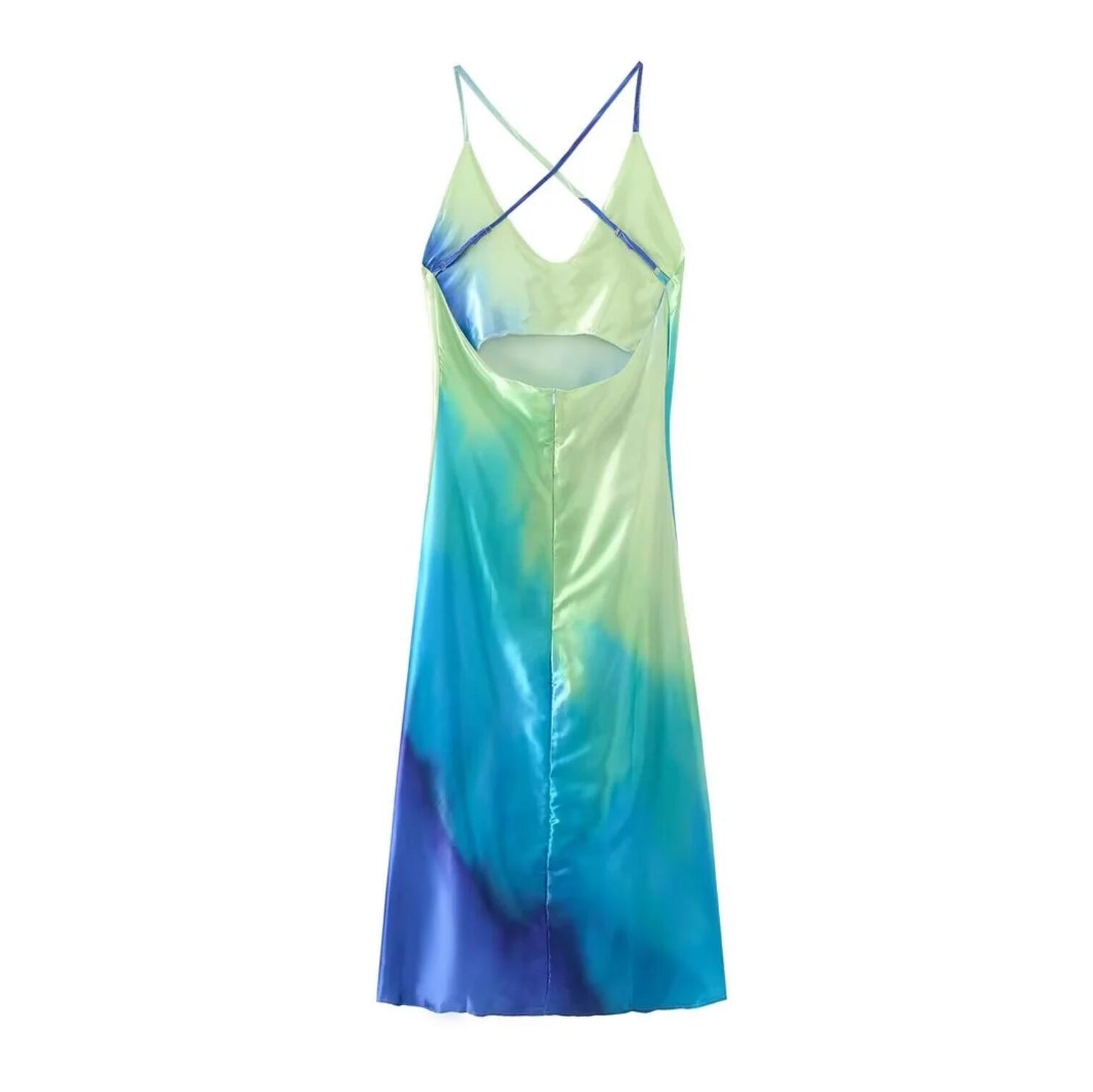 2023 Sexy scollo a V profondo Gradient Tie-dye Satin Sling Dress Women Cross Bandage Backless Long Robe Party Summer