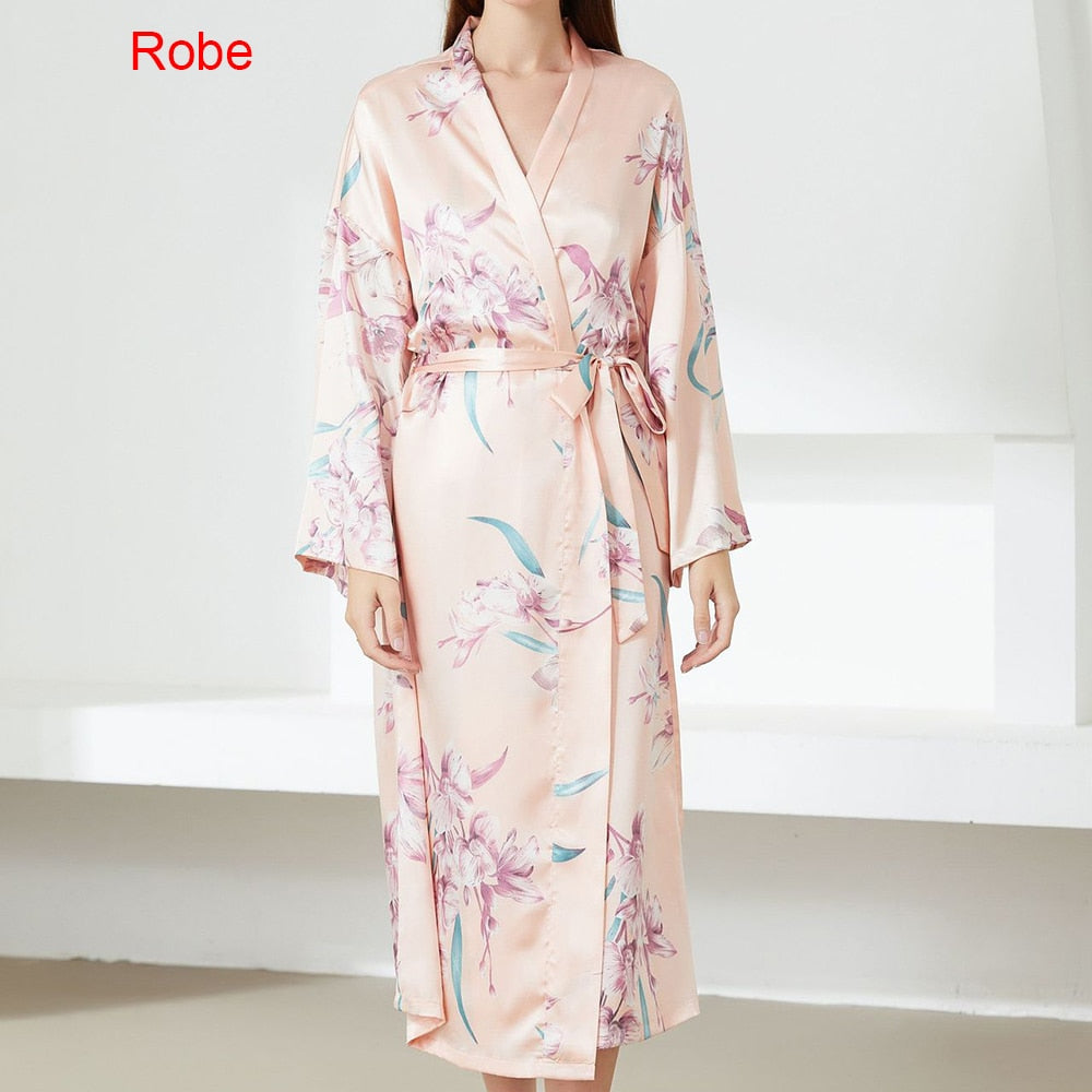 Prodotti Stampa Flower NightyRobe Suit Sleepwear Sexy Kimono in raso Abito da donna Accappatoio Intimo Lingerie Nightwear Camicia da notte di seta