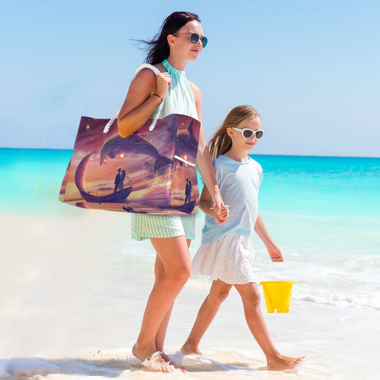 Prodotti Borsa da donna di marca Borse a tracolla Borsa da spiaggia di grande capacità Borsa da donna Delfines saltando al atardecer Borsa della spesa in nylon