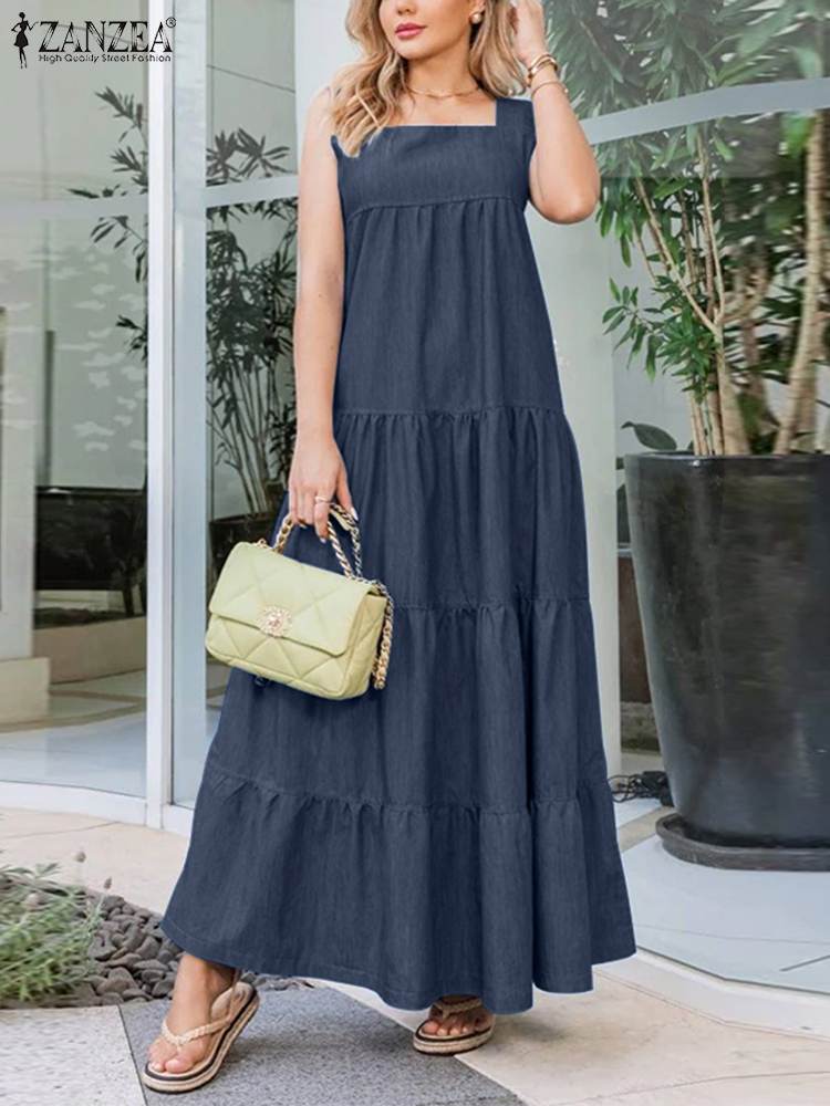 Prodotti ZANZEA Summer Denim Sundress Women Jeans Dress Vintage Loose Maxi Vestido Fashion Denim Blue Abiti Holiday Robe Streetwear