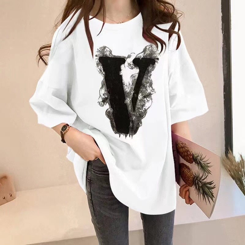 Prodotti T-shirt in cotone T-shirt girocollo a mezza manica stampata da ragazza estiva T-shirt a mezza manica in cotone a mezza manica allentata da donna T-shirt grande