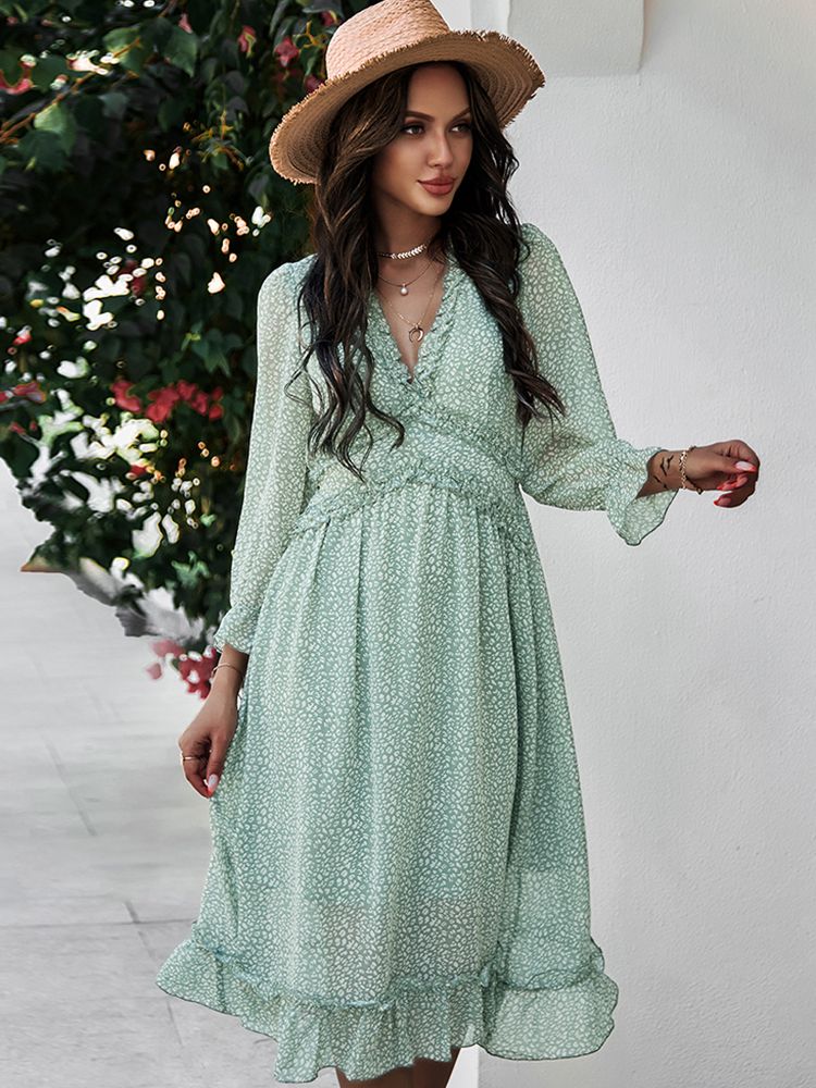 Prodotti Boho Summer Dress Women 2022 Ruffles Print V Neck Chiffon Midi Dress Polso Flare Sleeve Empire Holiday Beach Abiti Donna