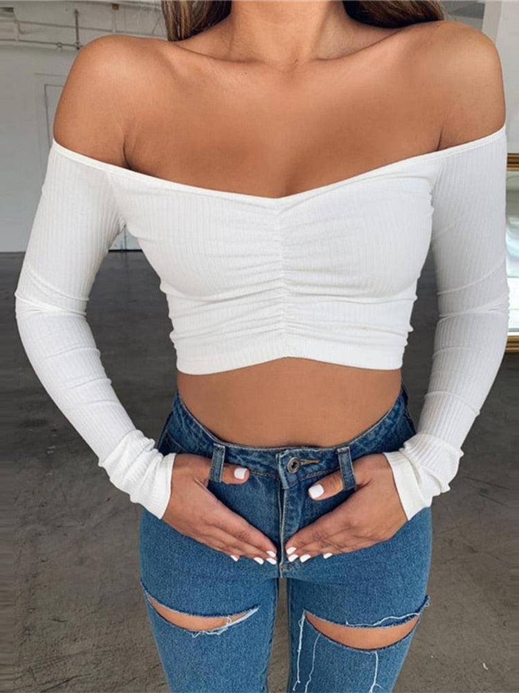 New Stylish Street Abbigliamento Donna Crop Top Increspato Backless Casual Short Tee Basic Manica lunga T-shirt solida con spalle scoperte