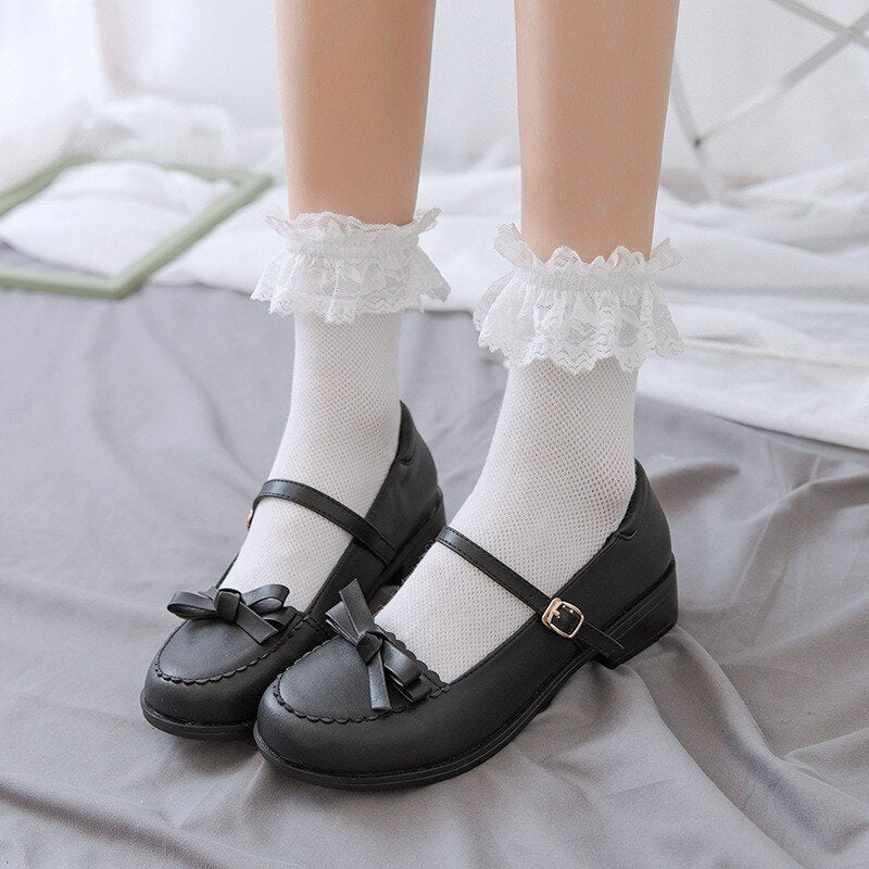 Prodotti Calzini da donna Stile Lolita Calzini con volant bianchi neri Mesh Thin Lace Sweet Girls Moda giapponese Lolita Kawaii Cute Socks Women