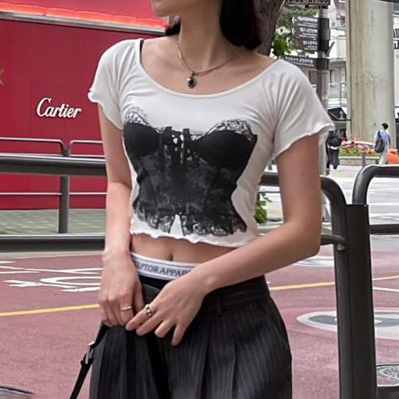 Prodotti IAMHOTTY Carino Cami Stampa Crop Top Bianco Harajuku T-Shirt Manica Corta In Cotone Magliette Delle Donne Soft Girl Estetico Pullover Y2K Magliette E Camicette