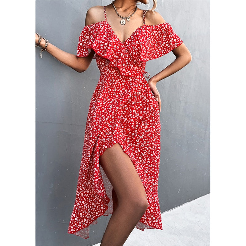 MOVOKAKA Vestito da donna con cinturini sexy primavera estate da donna con volant e spalle scoperte Abiti da festa casual Elegante abito da spiaggia con stampa floreale