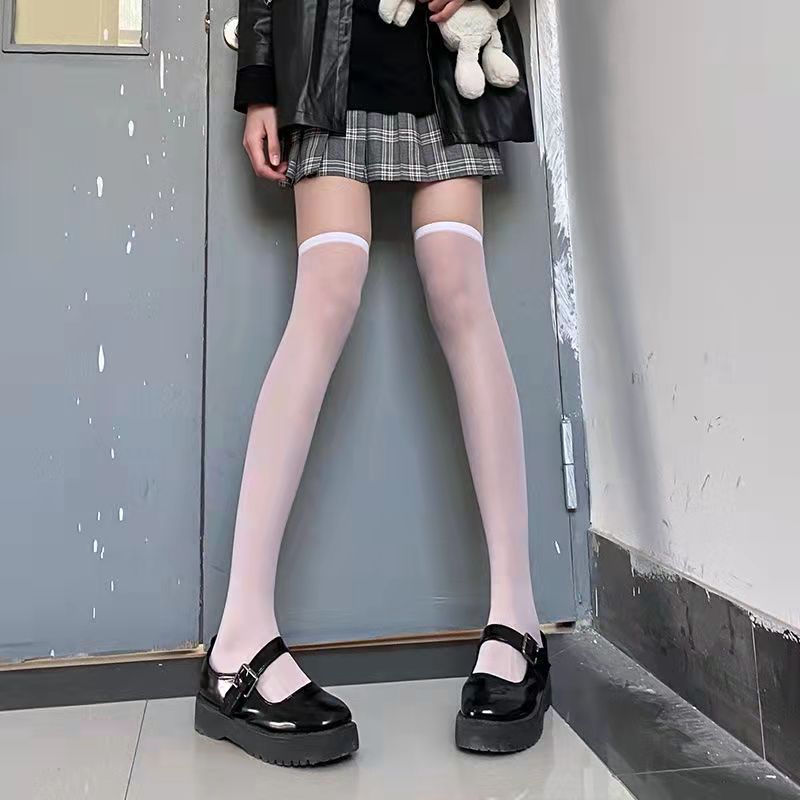 Prodotti Costumi JK Donne Sexy Calze a rete alte alla coscia Lolita Ragazze Punk gotico Trasparente sopra il ginocchio Calze lunghe rosse con bordo largo