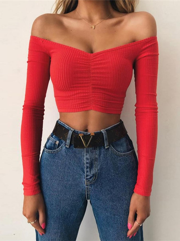 New Stylish Street Abbigliamento Donna Crop Top Increspato Backless Casual Short Tee Basic Manica lunga T-shirt solida con spalle scoperte