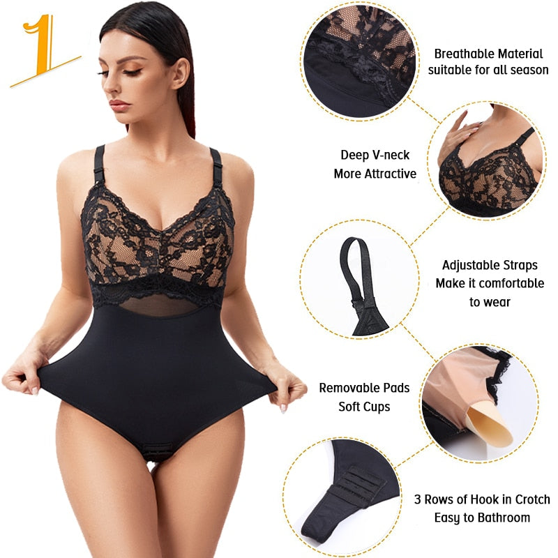 Body perizoma in pizzo da donna con scollo a V Full Body Shaper Controllo della pancia Dimagrante Shapewear Corsetto liscio Imbottito Lingerie Butt Lifter