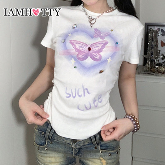 Prodotti IAMHOTTY Diamanti Farfalla Grafica Stampa T-Shirt Harajuku Morbido Ragazza Carina Top Casual Manica Corta Pieghe Vita Magliette Kawaii Magliette E Camicette