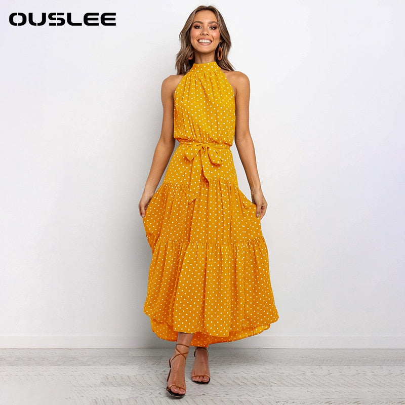 OUSLEE Summer Casual Long Dress Boho Style Halter Polka Dot Abiti Donna Elegante Party Print Maxi Abiti Donna Abiti Mujer