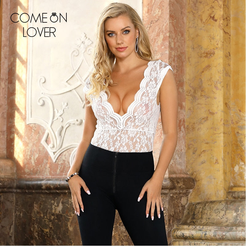 Comeonlover Elegante tuta floreale in pizzo bianco pieno Ruffles Backless Sexy Teddies Lingerie senza maniche con scollo a V Tuta di grandi dimensioni