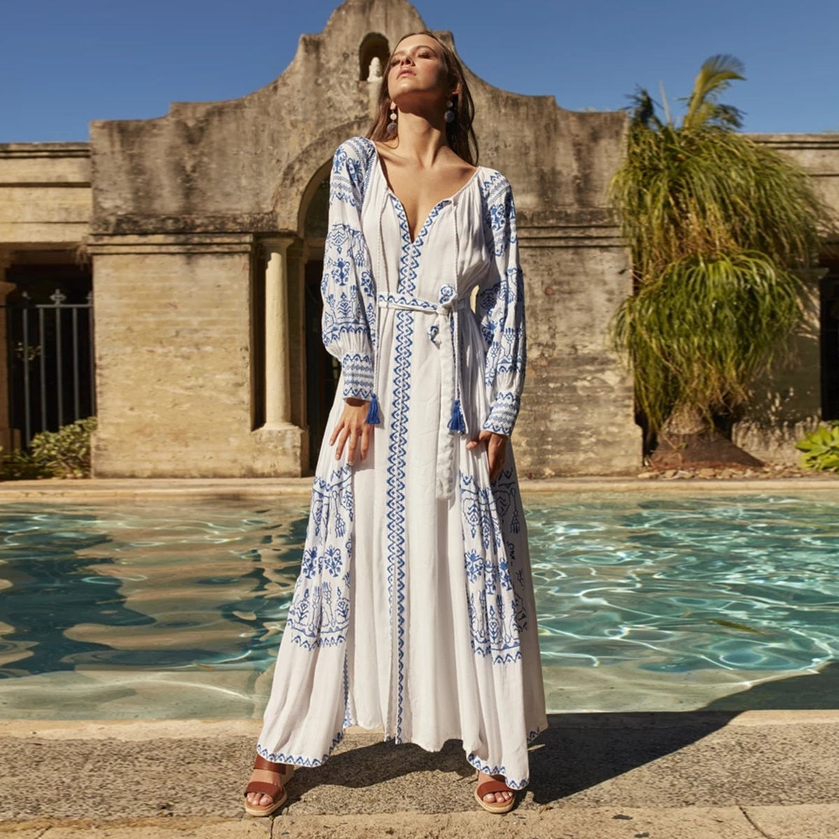 Prodotti Jastie Bahia Maxi Vestito Delle Donne di Estate Autunno Manica Lunga Ricamo Vintage Abito Lungo 2022 Boho Beach Hippie Abiti Allentati Mujer