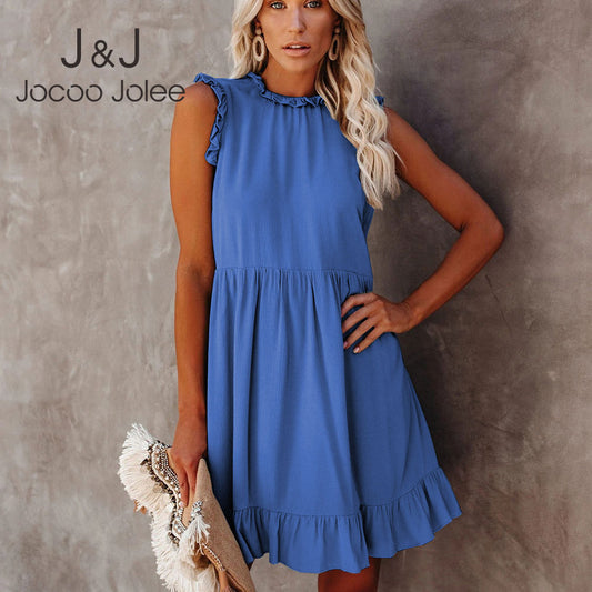 Prodotti Jocoo Jolee Off Spalla Increspato A-Line Casual Donna Increspature Girocollo Senza maniche Estate Mini abito Solid Basic Loose Party