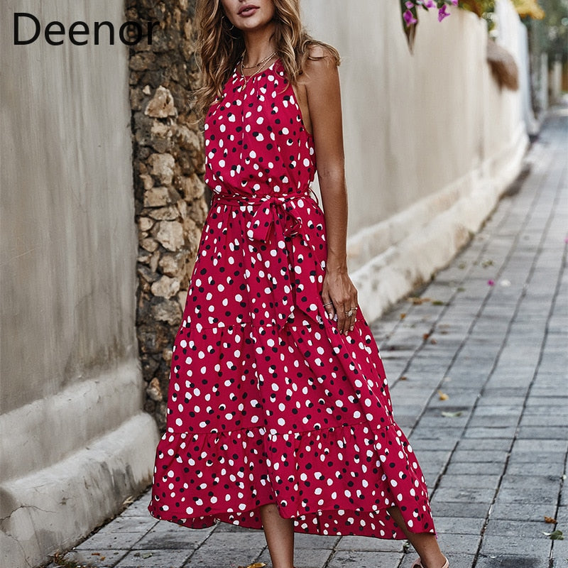 Prodotti Deenor The New WOMEN Summer Polka Dot Sling Holiday Casual Dress Alla moda senza maniche Bohemian alla caviglia