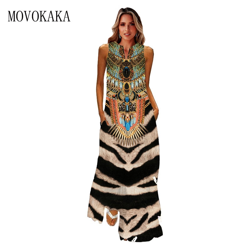 MOVOKAKA Abito lungo primavera estate Donna Elegante scollo a V Abiti casual da spiaggia con stampa tigrata Abiti vintage senza maniche