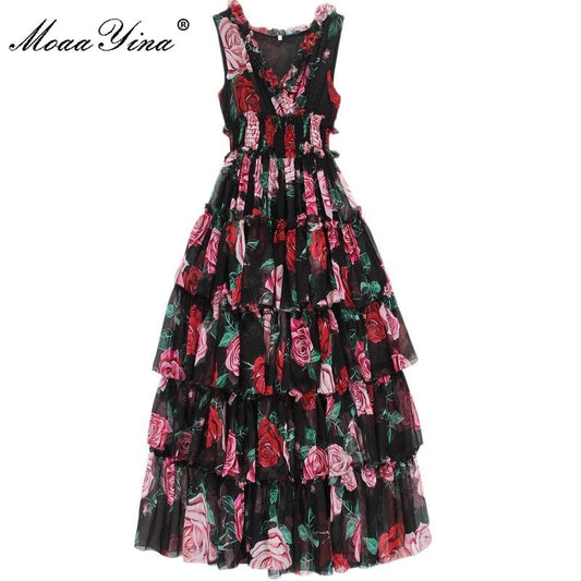 Prodotti MoaaYina Fashion Designer Runway Dress Summer Women # 39; s senza maniche con scollo a V Rose con stampa floreale Ruffles Elastico in vita Abiti da vacanza