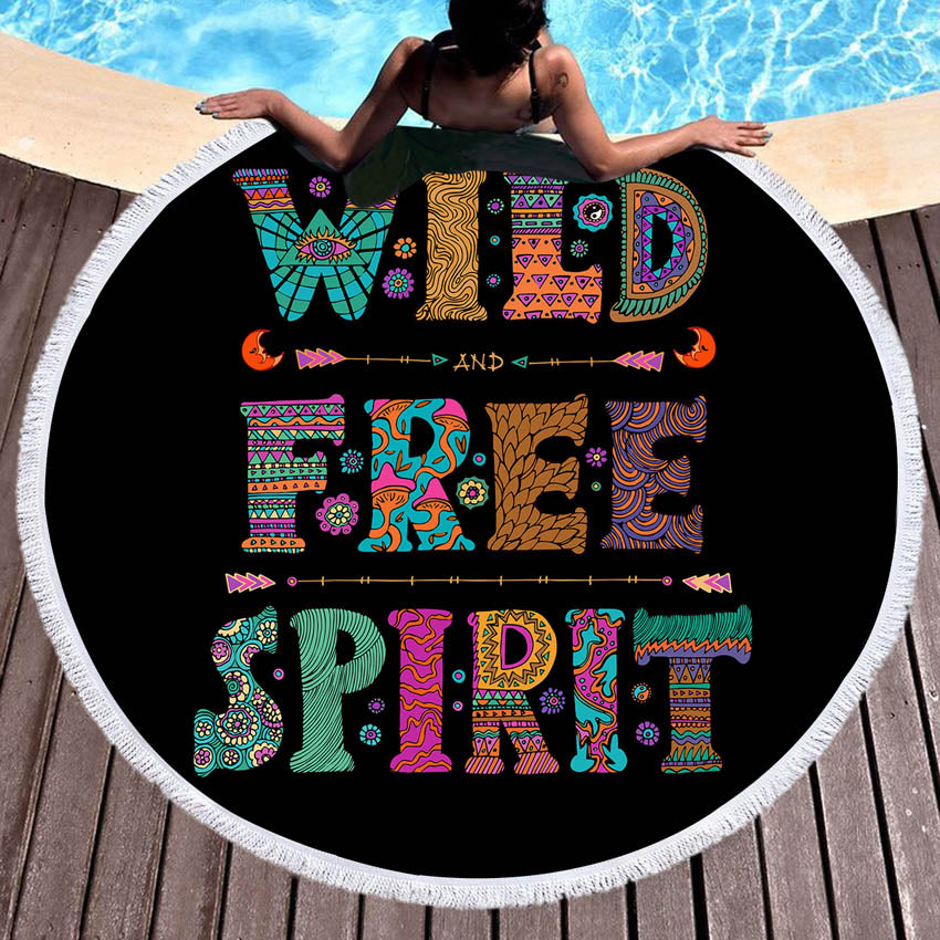 Nero Estate Rotondo Telo Mare WILD FREE SPIRIT Lettere Bagno Doccia Asciugamani Nappe Picnic Tappetino Yoga Tappeto tovagliolo de plage