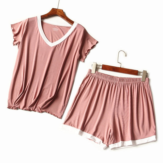 Sanderala Pigiama corto da donna con scollo a V Set Top Pantaloni All Match Comodo pigiama rosa Solid Short Full Length Pj Set