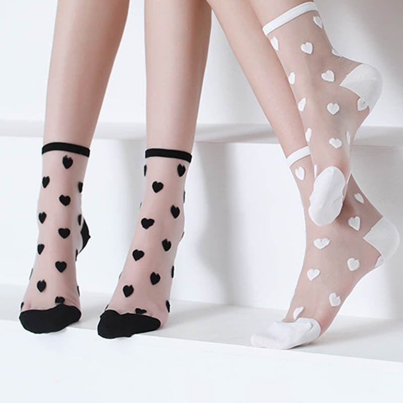 Prodotti Calzini in pizzo di cristallo Donna Estate Calzini corti trasparenti color amore ultrasottili Nero Bianco Love Heart Sox