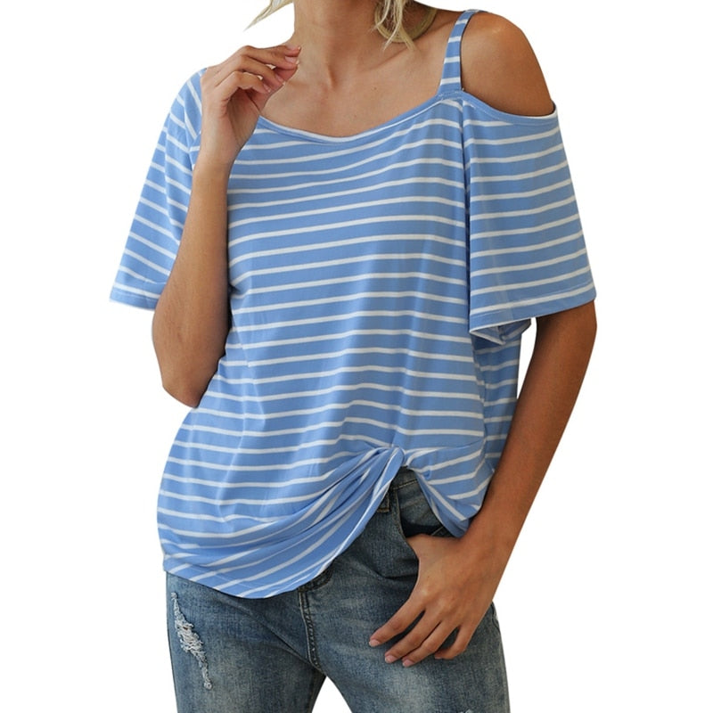 T-shirt a righe casual moda estiva da donna con colletto obliquo e maniche corte a nodo largo