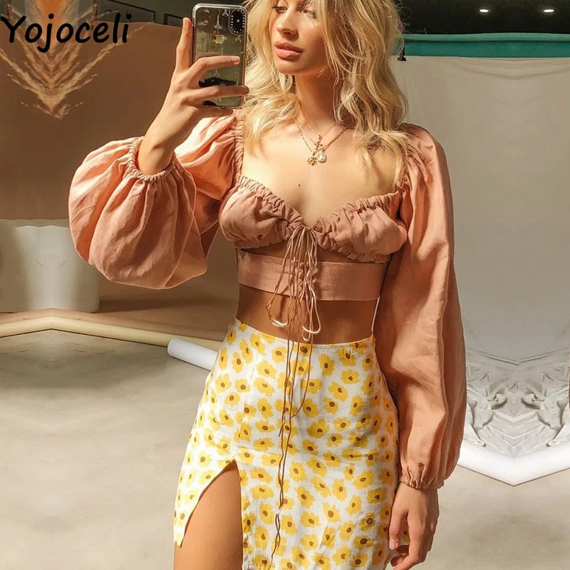 Yojoceli Camicetta corta con maniche a lanterna con lacci da donna Camicetta casual da festa elegante autunnale Carino top corto sexy femminile blusas chic