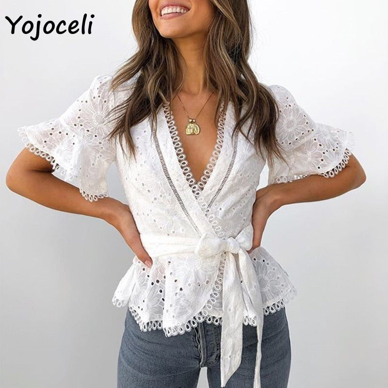 Camicette in pizzo con ricami in cotone Yojoceli camicia da donna bluse con fiocco increspato boho femminile nuove camicette