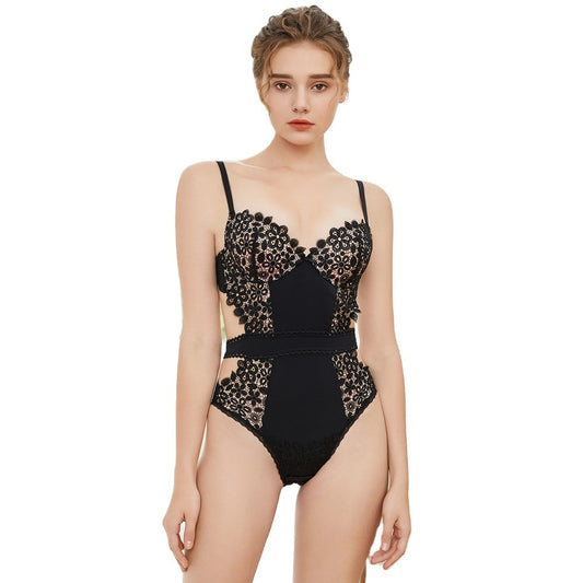 Prodotti Reggiseno push-up francese in pizzo con body sexy francese Set moda Black Temptation Bodycon Intimo da donna con ricamo Intimo da notte Onesies