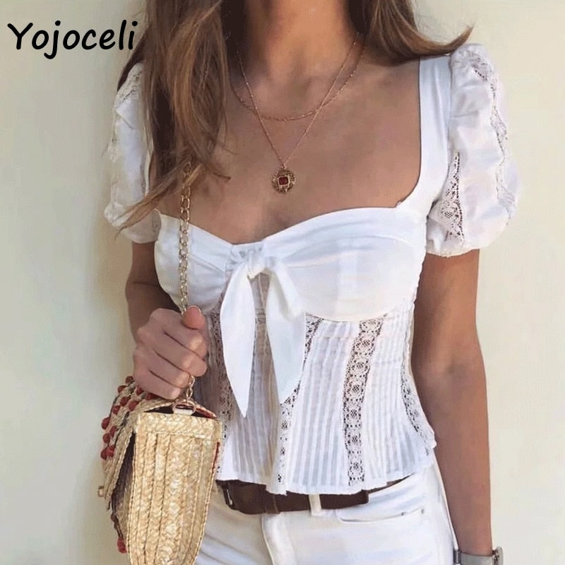 Prodotti Yojoceli 2019 bohemina camicette di pizzo camicia palazzo stile arco blusas femminile estate fiocco camicia collo quadrato top