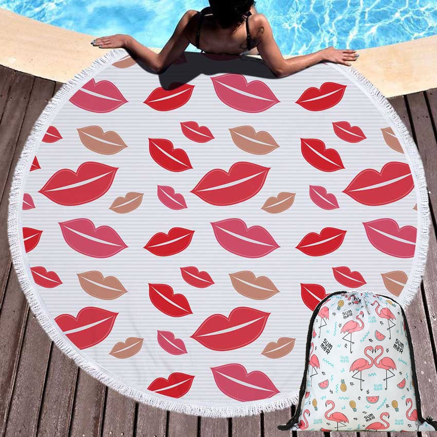 Prodotti Telo mare rotondo con stampa Sweet Lips in microfibra con coulisse Borsa per zaino Asciugamani da bagno per doccia Copri tappetino sportivo per yoga con nappe