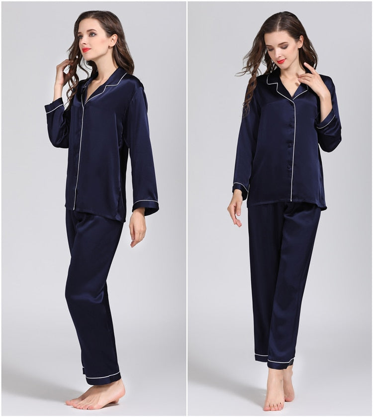 Prodotti Pigiama classico da donna in seta pura al 100% Set da notte Camicia da notte ML XL YM007