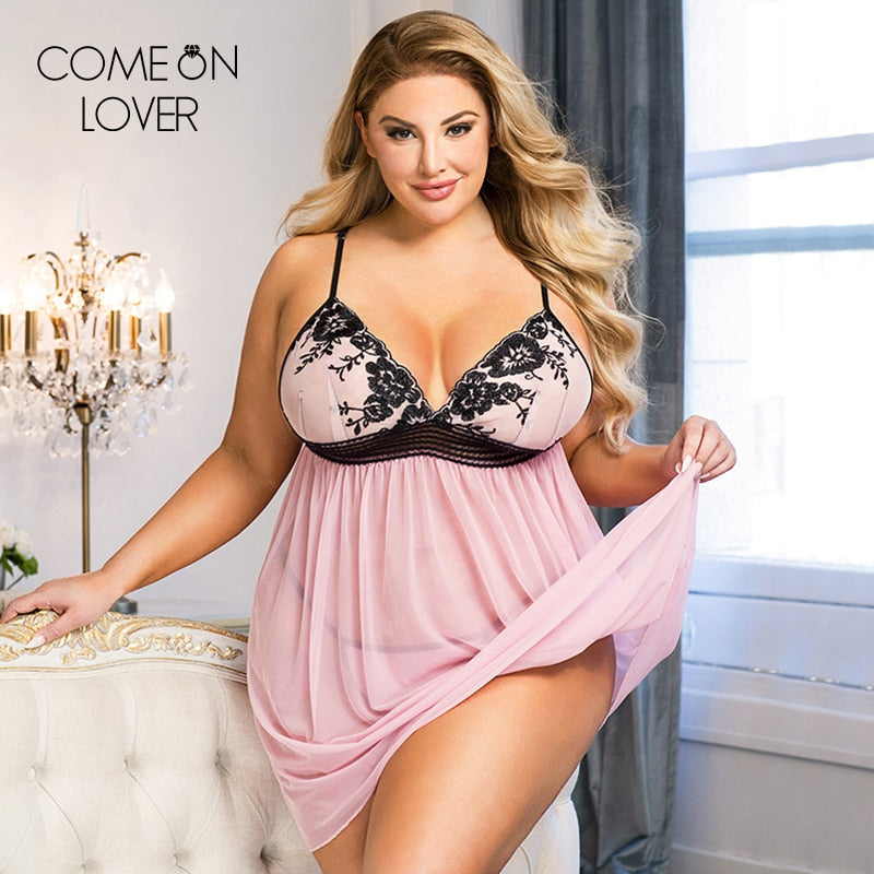 Comeonlover Plus Size Sleepwear Donna Trasparente Patchwork in maglia sottile Ricamo squisito Abito sexy in lingerie Biancheria intima erotica