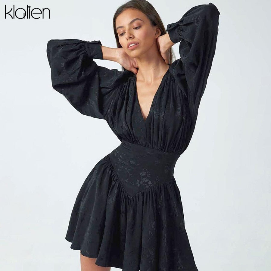 KLALIEN Moda Chiffon Nero Stampa Elegante Mini Abito Allentato Nuove Donne Lanterna Pieghettato Manica Lunga Abiti da Notte da Festa